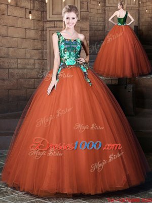 Deluxe One Shoulder Rust Red Sleeveless Tulle Lace Up 15th Birthday Dress for Military Ball and Sweet 16 and Quinceanera