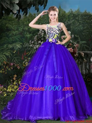 Trendy Blue Ball Gowns Organza Scoop Sleeveless Appliques and Belt Zipper Quinceanera Gowns Brush Train
