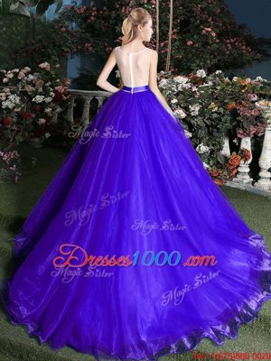 Trendy Blue Ball Gowns Organza Scoop Sleeveless Appliques and Belt Zipper Quinceanera Gowns Brush Train