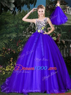 Trendy Blue Ball Gowns Organza Scoop Sleeveless Appliques and Belt Zipper Quinceanera Gowns Brush Train