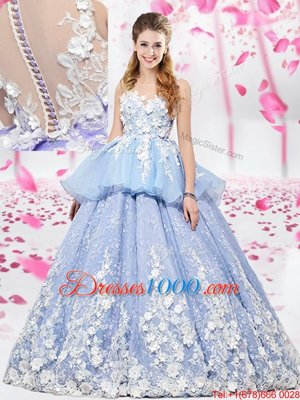 Organza and Tulle Scoop Sleeveless Lace Up Lace and Appliques Quinceanera Gown in Lavender