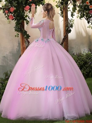 High End Tulle Scoop Long Sleeves Lace Up Appliques Quinceanera Dresses in Lilac