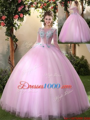 High End Tulle Scoop Long Sleeves Lace Up Appliques Quinceanera Dresses in Lilac