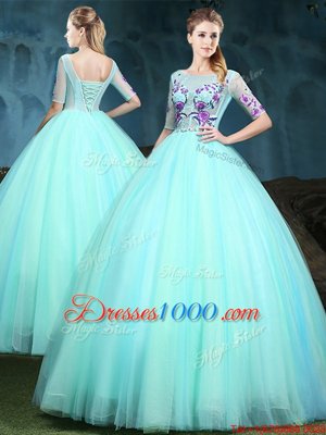 Spectacular Tulle Scoop Half Sleeves Lace Up Appliques 15th Birthday Dress in Apple Green