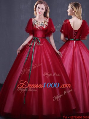 Scoop Wine Red Ball Gowns Appliques and Belt Quinceanera Gown Lace Up Tulle Short Sleeves Floor Length