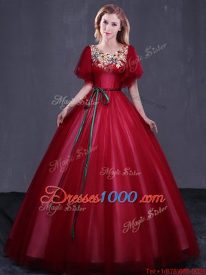 Scoop Wine Red Ball Gowns Appliques and Belt Quinceanera Gown Lace Up Tulle Short Sleeves Floor Length