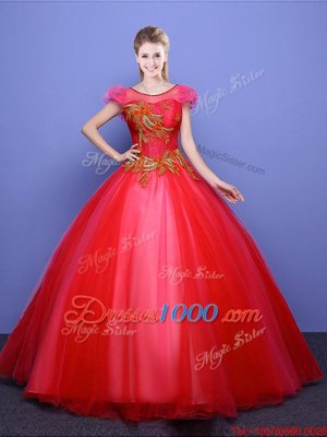 Most Popular Scoop Short Sleeves Lace Up Quinceanera Dress Coral Red Tulle