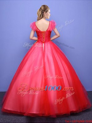 Most Popular Scoop Short Sleeves Lace Up Quinceanera Dress Coral Red Tulle