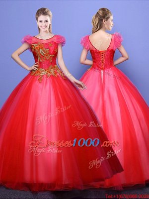 Most Popular Scoop Short Sleeves Lace Up Quinceanera Dress Coral Red Tulle