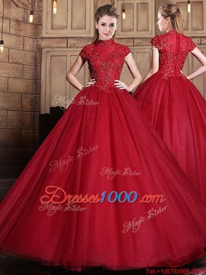 Designer Wine Red Ball Gowns High-neck Short Sleeves Tulle Floor Length Zipper Appliques Quinceanera Dress