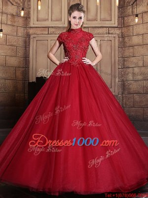 Designer Wine Red Ball Gowns High-neck Short Sleeves Tulle Floor Length Zipper Appliques Quinceanera Dress