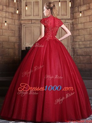 Designer Wine Red Ball Gowns High-neck Short Sleeves Tulle Floor Length Zipper Appliques Quinceanera Dress