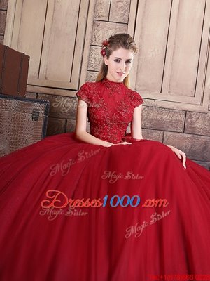 Designer Wine Red Ball Gowns High-neck Short Sleeves Tulle Floor Length Zipper Appliques Quinceanera Dress