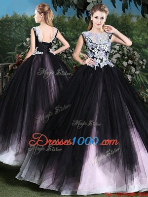Pink And Black Quince Ball Gowns Military Ball and Sweet 16 and Quinceanera and For with Appliques and Ruffles Scoop Sleeveless Lace Up