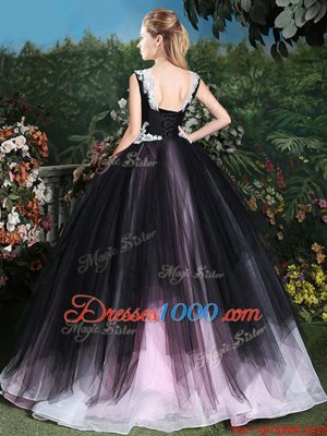 Pink And Black Quince Ball Gowns Military Ball and Sweet 16 and Quinceanera and For with Appliques and Ruffles Scoop Sleeveless Lace Up