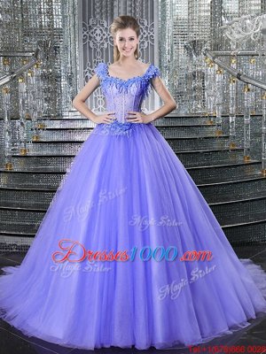 Tulle Straps Sleeveless Brush Train Lace Up Beading Sweet 16 Dresses in Lavender