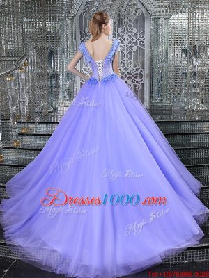 Tulle Straps Sleeveless Brush Train Lace Up Beading Sweet 16 Dresses in Lavender