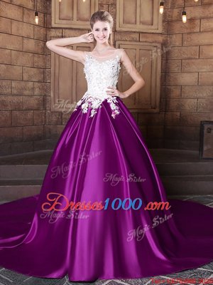Superior Scoop Eggplant Purple Sleeveless Court Train Lace and Appliques With Train Quinceanera Dress