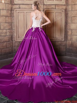 Superior Scoop Eggplant Purple Sleeveless Court Train Lace and Appliques With Train Quinceanera Dress