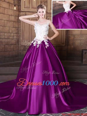Superior Scoop Eggplant Purple Sleeveless Court Train Lace and Appliques With Train Quinceanera Dress