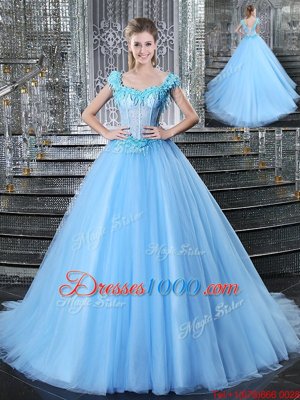 Straps Straps Light Blue Lace Up Quinceanera Dresses Beading and Appliques Sleeveless With Brush Train