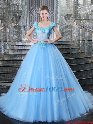 Straps Straps Light Blue Lace Up Quinceanera Dresses Beading and Appliques Sleeveless With Brush Train