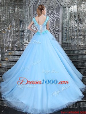 Straps Straps Light Blue Lace Up Quinceanera Dresses Beading and Appliques Sleeveless With Brush Train