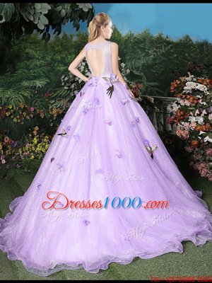 Shining Scoop Lavender Sleeveless Appliques Lace Up Ball Gown Prom Dress