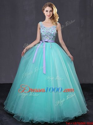 On Sale Scoop Sleeveless Floor Length Appliques and Belt Lace Up Vestidos de Quinceanera with Aqua Blue