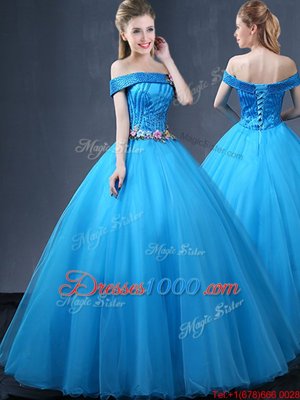 Flirting Off the Shoulder Baby Blue Sleeveless Beading and Appliques Floor Length Quince Ball Gowns