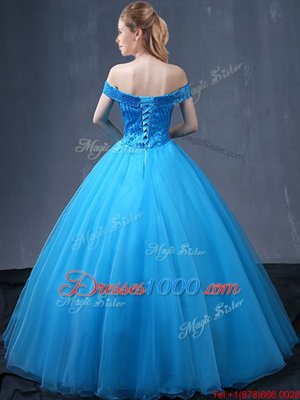 Flirting Off the Shoulder Baby Blue Sleeveless Beading and Appliques Floor Length Quince Ball Gowns