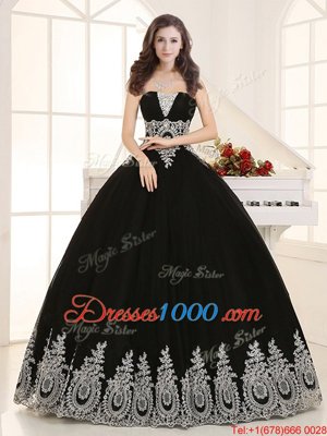 Best Selling Floor Length Lace Up Sweet 16 Quinceanera Dress Black and In for Military Ball and Sweet 16 and Quinceanera with Beading and Appliques
