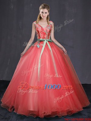 Coral Red Ball Gowns Appliques and Belt 15 Quinceanera Dress Lace Up Tulle Sleeveless Floor Length