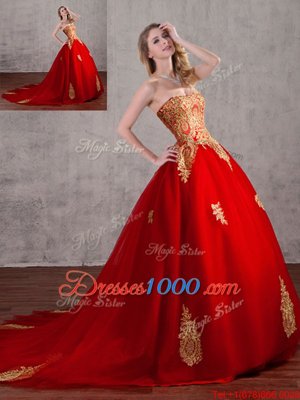 Colorful Red Ball Gowns Tulle Strapless Sleeveless Appliques With Train Lace Up Quinceanera Dress Court Train