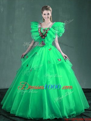 Square Floor Length Turquoise and Apple Green Ball Gown Prom Dress Organza Sleeveless Embroidery