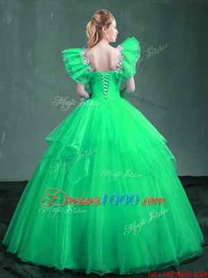 Square Floor Length Turquoise and Apple Green Ball Gown Prom Dress Organza Sleeveless Embroidery
