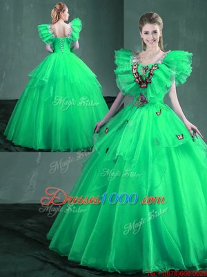 Square Floor Length Turquoise and Apple Green Ball Gown Prom Dress Organza Sleeveless Embroidery