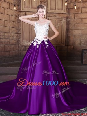 Scoop Lace and Appliques Sweet 16 Dresses Purple Lace Up Sleeveless Court Train