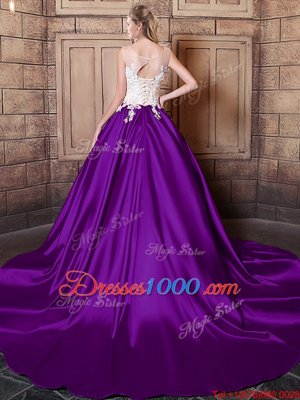 Scoop Lace and Appliques Sweet 16 Dresses Purple Lace Up Sleeveless Court Train