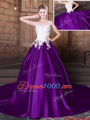 Scoop Lace and Appliques Sweet 16 Dresses Purple Lace Up Sleeveless Court Train
