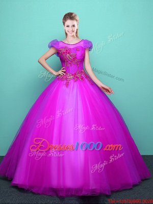 Fine Floor Length Fuchsia Quinceanera Gown Scoop Short Sleeves Lace Up