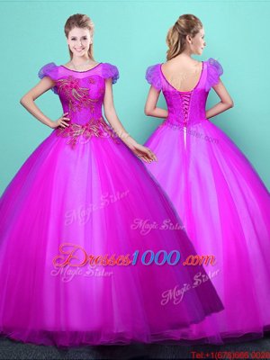 Fine Floor Length Fuchsia Quinceanera Gown Scoop Short Sleeves Lace Up