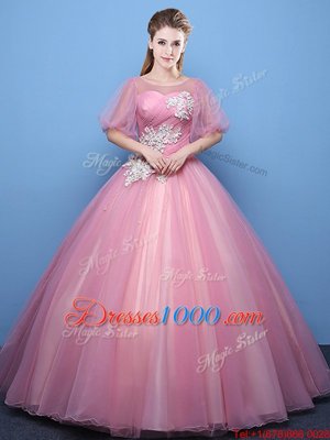 Shining Scoop Pink Half Sleeves Tulle Lace Up Quinceanera Gown for Military Ball and Sweet 16 and Quinceanera