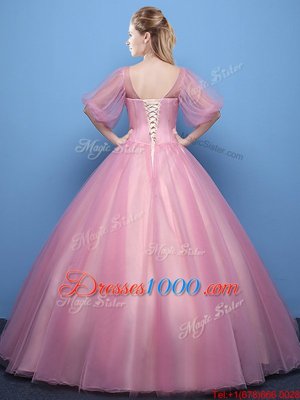 Shining Scoop Pink Half Sleeves Tulle Lace Up Quinceanera Gown for Military Ball and Sweet 16 and Quinceanera