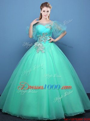 Extravagant Scoop Turquoise Half Sleeves Appliques Floor Length Vestidos de Quinceanera