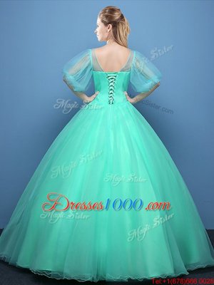 Extravagant Scoop Turquoise Half Sleeves Appliques Floor Length Vestidos de Quinceanera