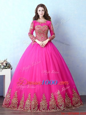Fuchsia Ball Gowns Tulle Scoop Long Sleeves Appliques Floor Length Lace Up Quince Ball Gowns