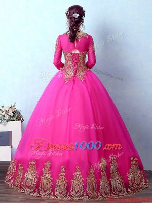 Fuchsia Ball Gowns Tulle Scoop Long Sleeves Appliques Floor Length Lace Up Quince Ball Gowns