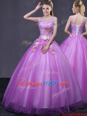 Ball Gowns Quinceanera Gown Lilac Scoop Tulle Sleeveless Floor Length Lace Up
