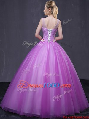 Ball Gowns Quinceanera Gown Lilac Scoop Tulle Sleeveless Floor Length Lace Up